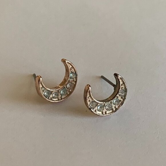 Gold Rhinestone Crescent Moon Stud Earrings - Picture 1 of 5